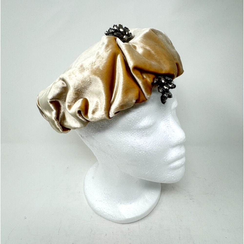 Vintage Mr John Pillbox Hat Taupe Velvet with Crystal Brooch